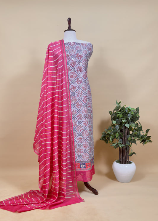Powder Blue And Pink Pure Maheshwari Silk Patola Kurta And Leheriya Dupatta With Banarasi Bootis