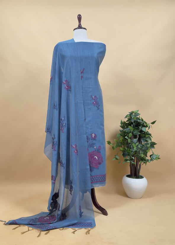 Raspberry Pink Floral Paradise Jute Linen Suit Fabric With Shaded Jamdani Weaving