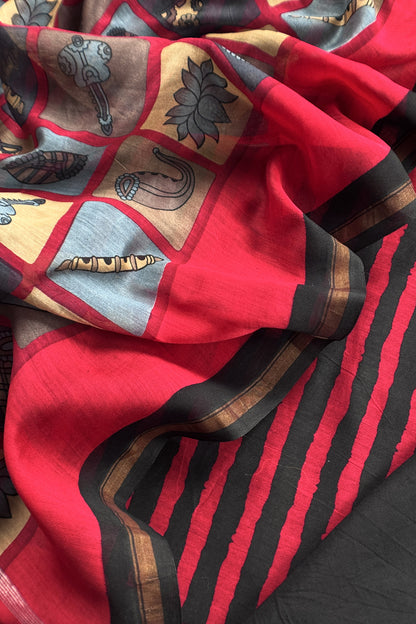 Black and Red Pure Maheshwari Silk suit With Hand-block Print Dupatta