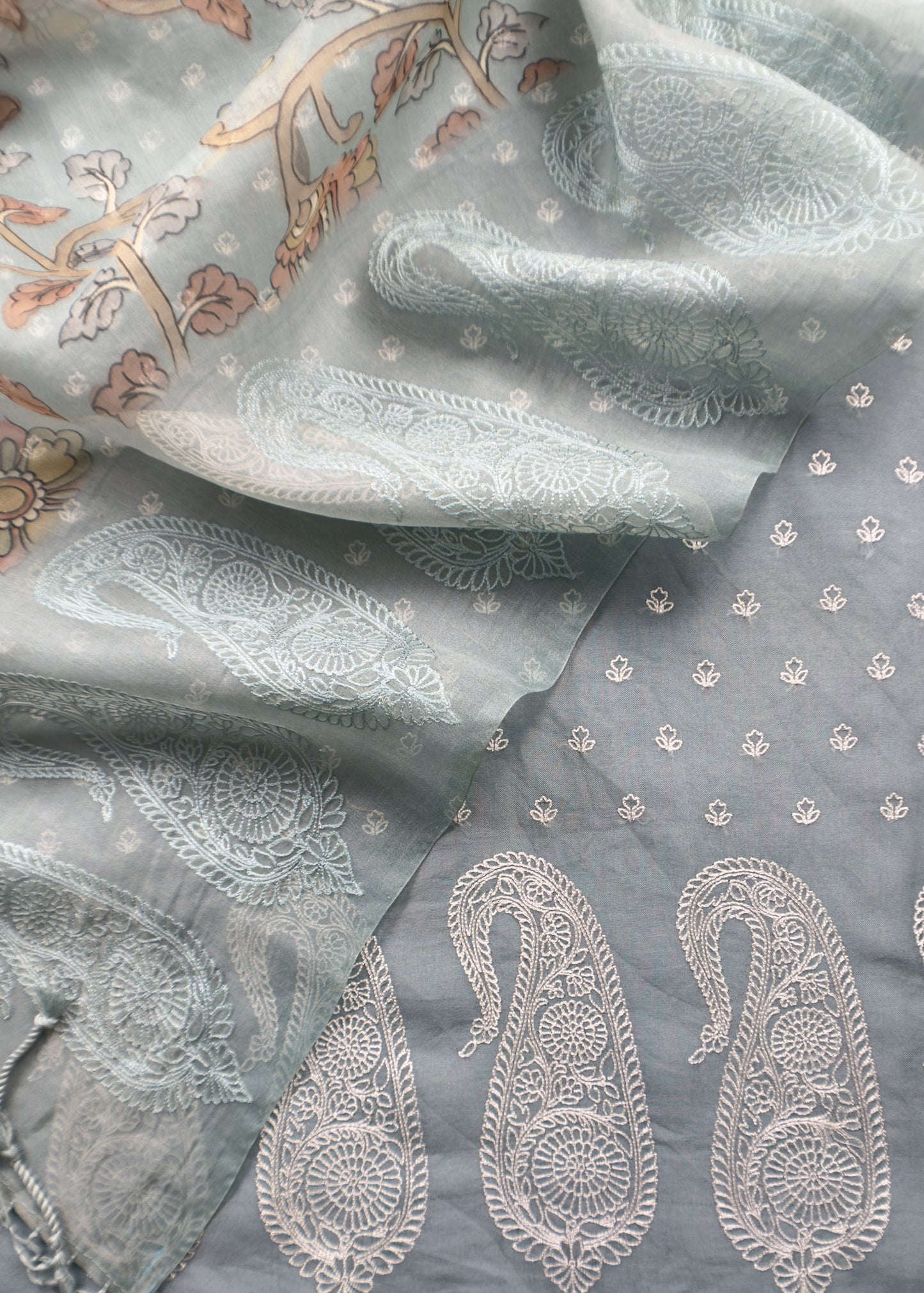 Sky Blue Embroidered Organza Unstitched Suit With Digital Print Dupatta