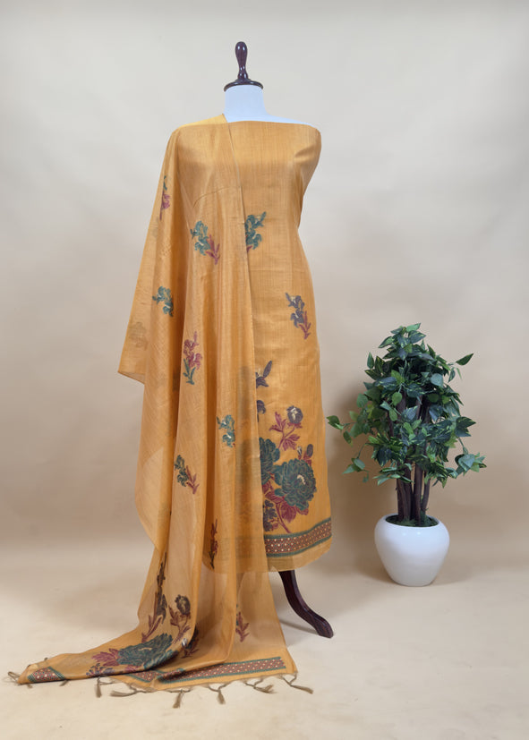 Raspberry Pink Floral Paradise Jute Linen Suit Fabric With Shaded Jamdani Weaving