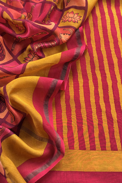 Red and Yellow Pure Maheshwari Silk suit With Hand-block Print Dupatta