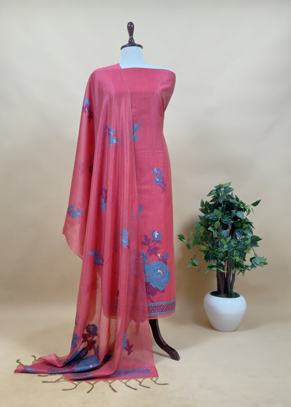 Raspberry Pink Floral Paradise Jute Linen Suit Fabric With Shaded Jamdani Weaving