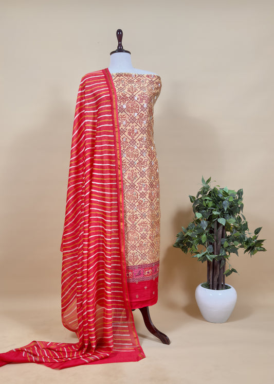 Yellow And Red Pure Maheshwari Silk Patola Kurta And Leheriya Dupatta With Banarasi Bootis