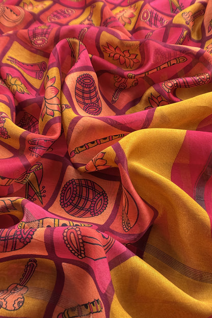 Red and Yellow Pure Maheshwari Silk suit With Hand-block Print Dupatta