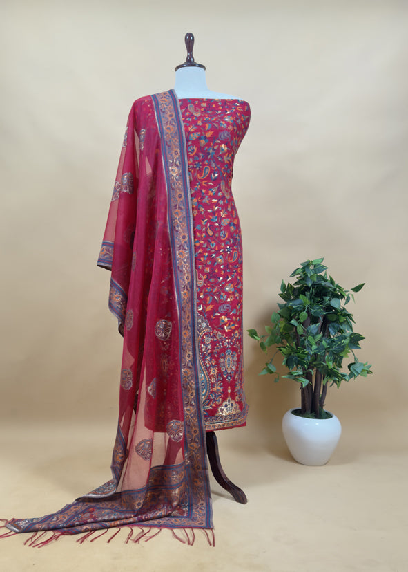 Red Pure Cotton Silk Suit With Kani Weaving
