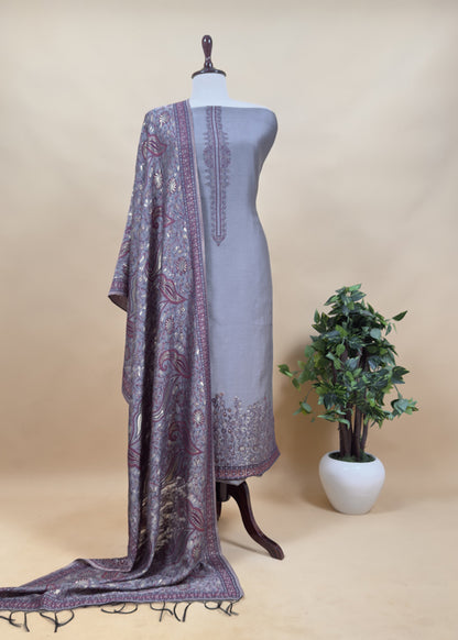 Light Blue Morpankh Handloom Silk Suit Fabric With Kani Weaving