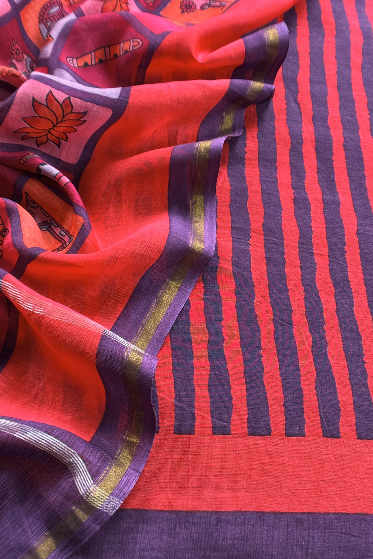 Blue and Red Pure Maheshwari Silk suit With Hand-block Print Dupatta