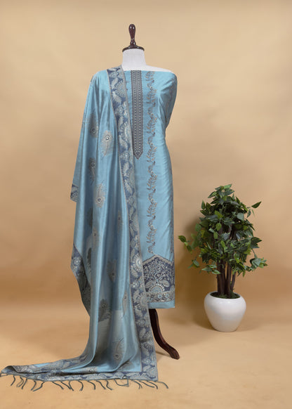 Cheeku Grey Pure Silk Suit With Kani Gold Zari Weaving