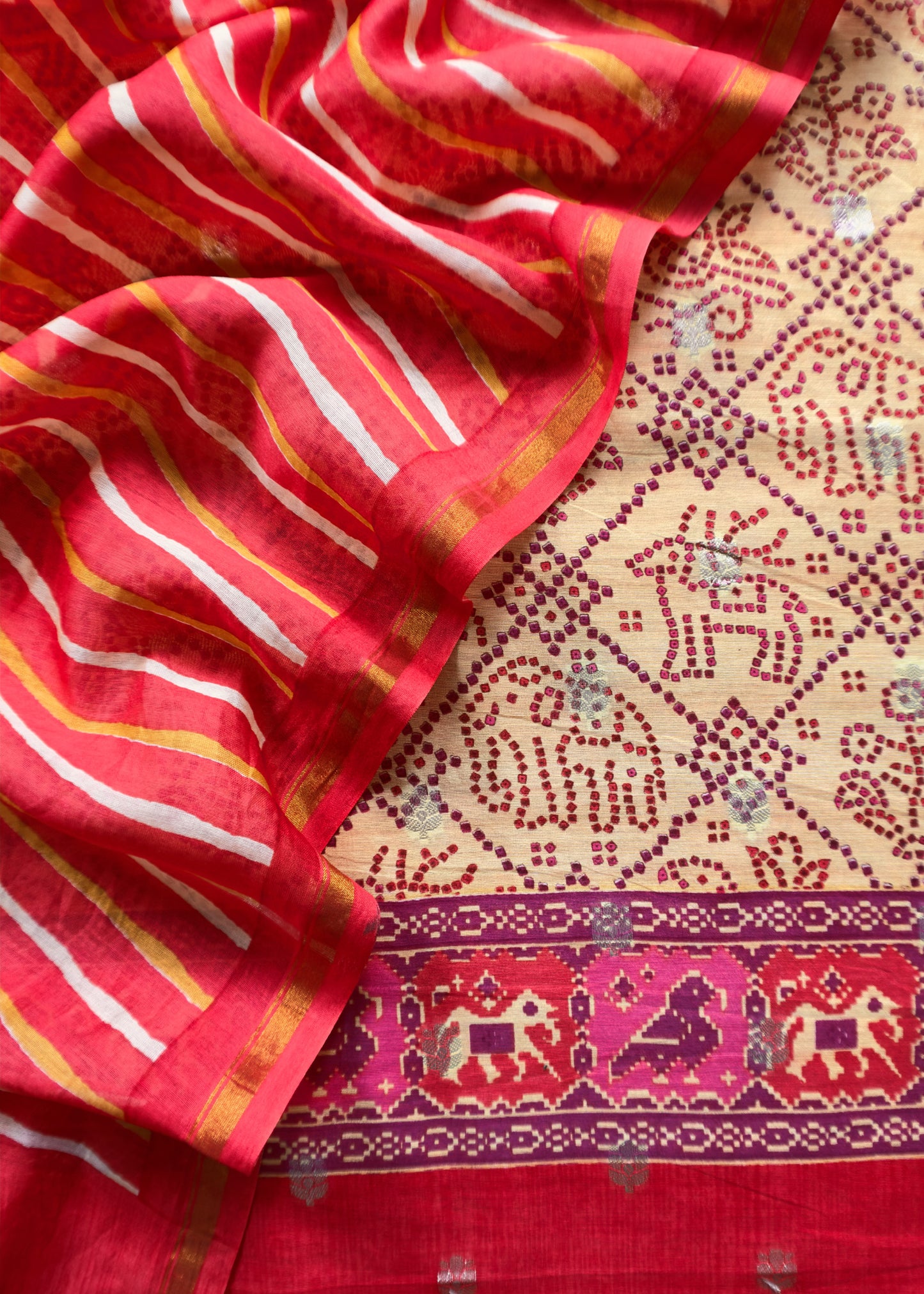Yellow And Red Pure Maheshwari Silk Patola Kurta And Leheriya Dupatta With Banarasi Bootis