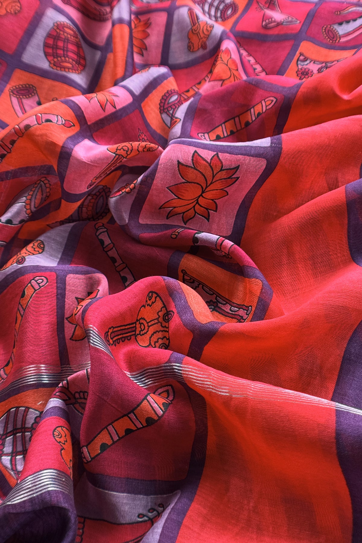 Blue and Red Pure Maheshwari Silk suit With Hand-block Print Dupatta