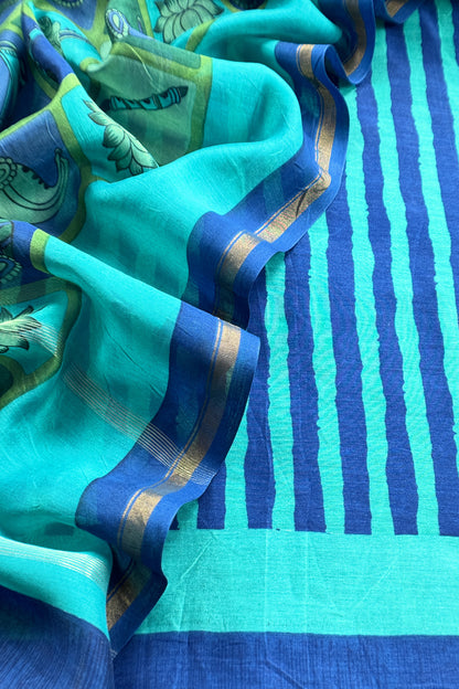 Turquoise and Blue Pure Maheshwari Silk suit With Hand-block Print Dupatta