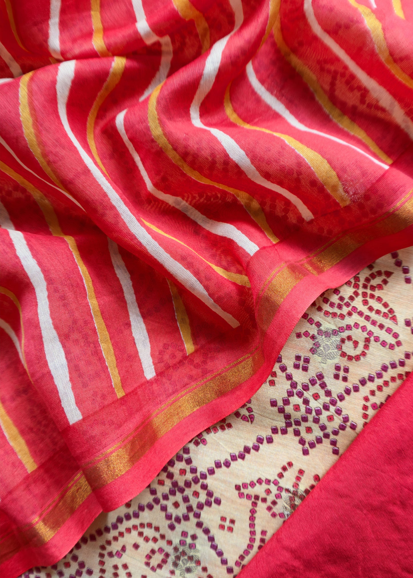 Yellow And Red Pure Maheshwari Silk Patola Kurta And Leheriya Dupatta With Banarasi Bootis
