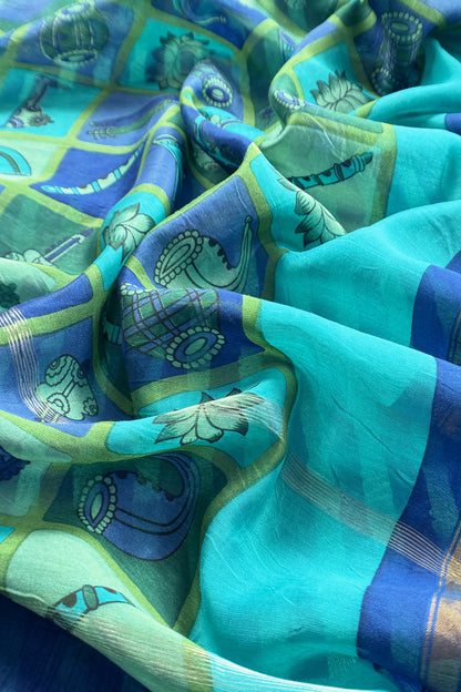 Turquoise and Blue Pure Maheshwari Silk suit With Hand-block Print Dupatta