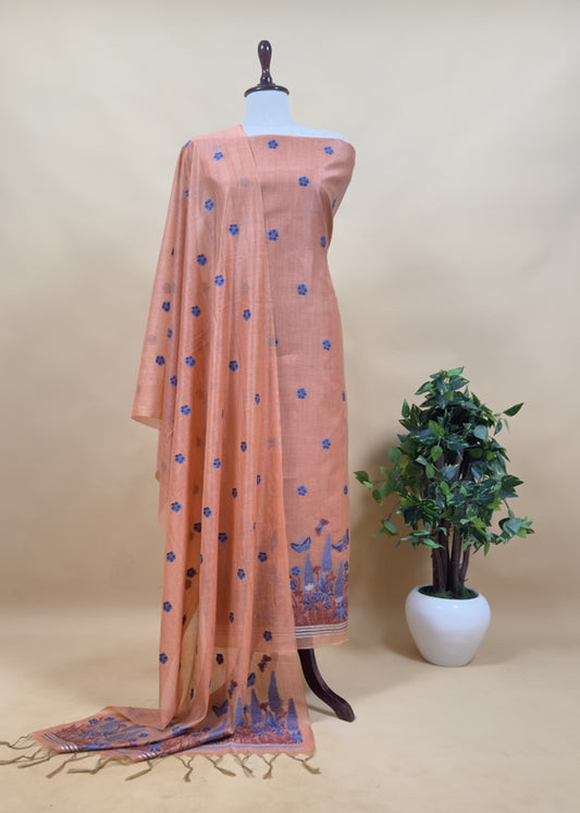 Peachy Orange Floral Paradise Jute Linen Suit Fabric With Shaded Jamdani Weaving