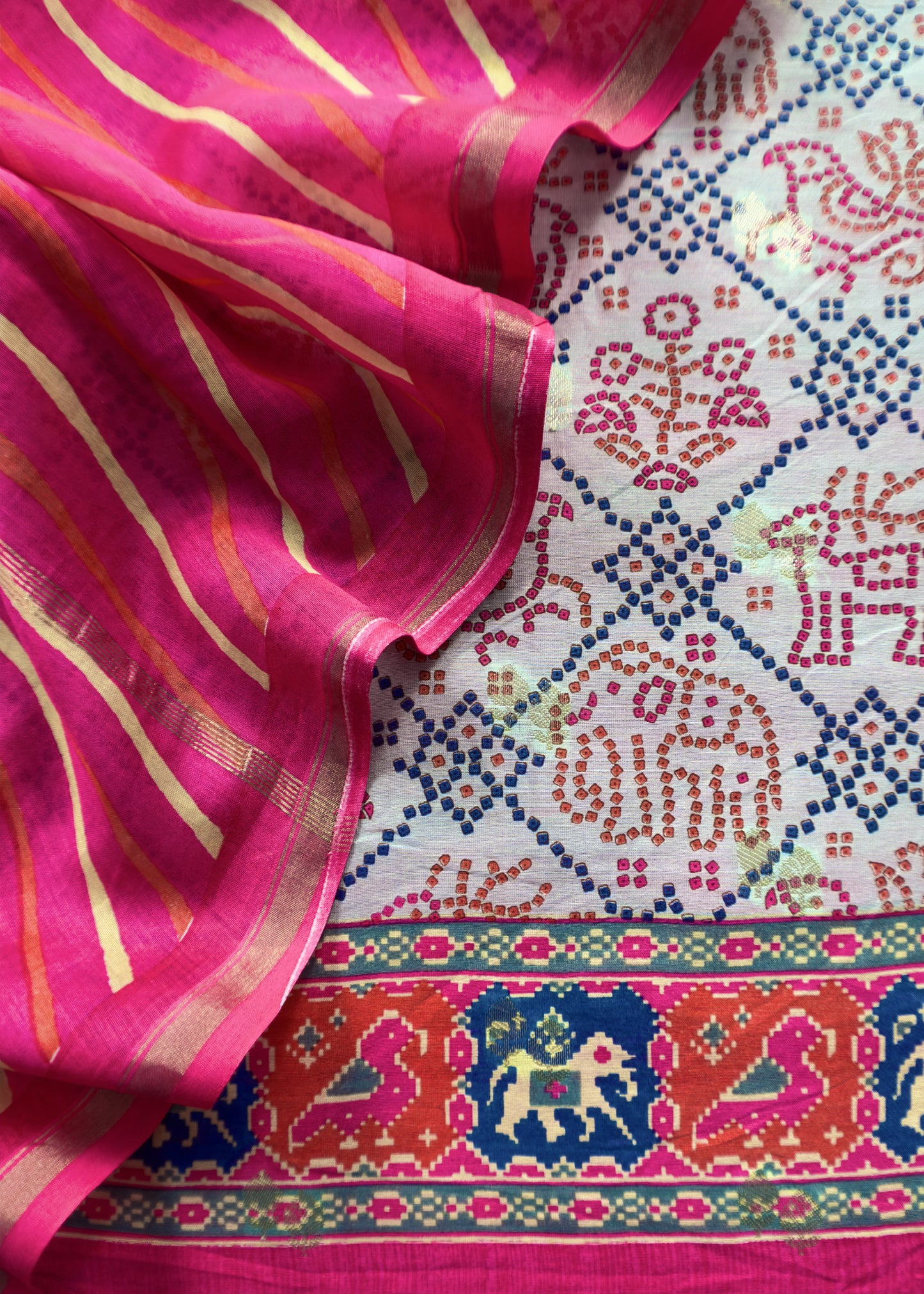 Powder Blue And Pink Pure Maheshwari Silk Patola Kurta And Leheriya Dupatta With Banarasi Bootis