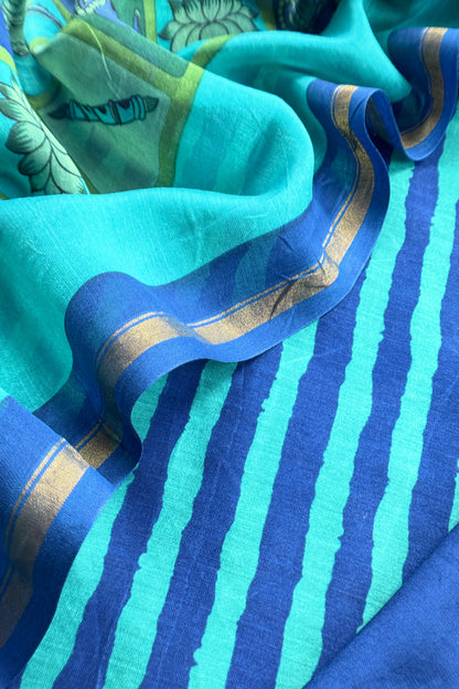 Turquoise and Blue Pure Maheshwari Silk suit With Hand-block Print Dupatta