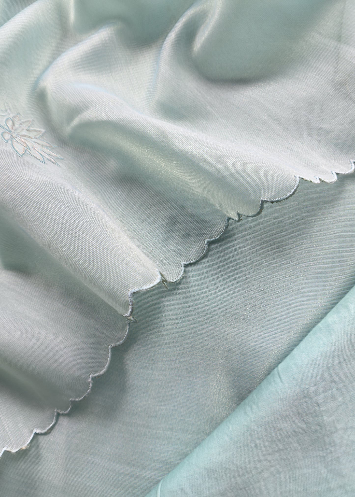 Sea Green Unstitched Suit with Applique Work In Linen Tissue