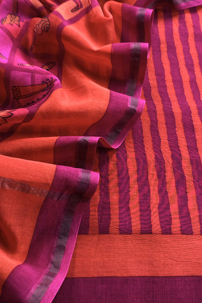 Orange and Red Pure Maheshwari Silk suit With Hand-block Print Dupatta