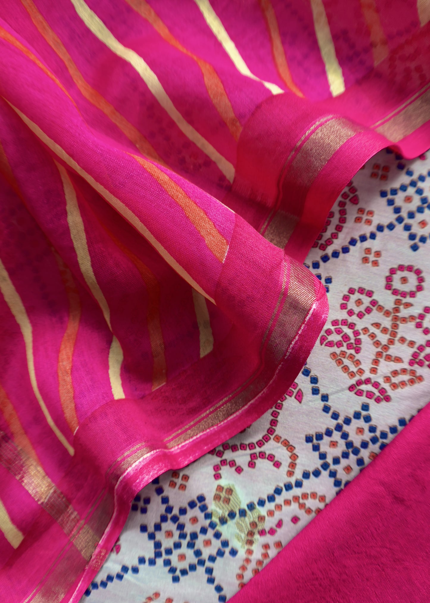 Powder Blue And Pink Pure Maheshwari Silk Patola Kurta And Leheriya Dupatta With Banarasi Bootis