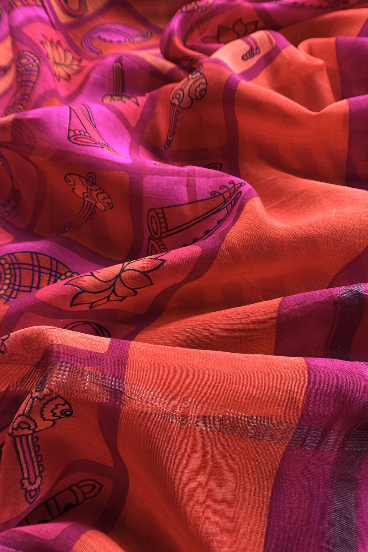 Orange and Red Pure Maheshwari Silk suit With Hand-block Print Dupatta