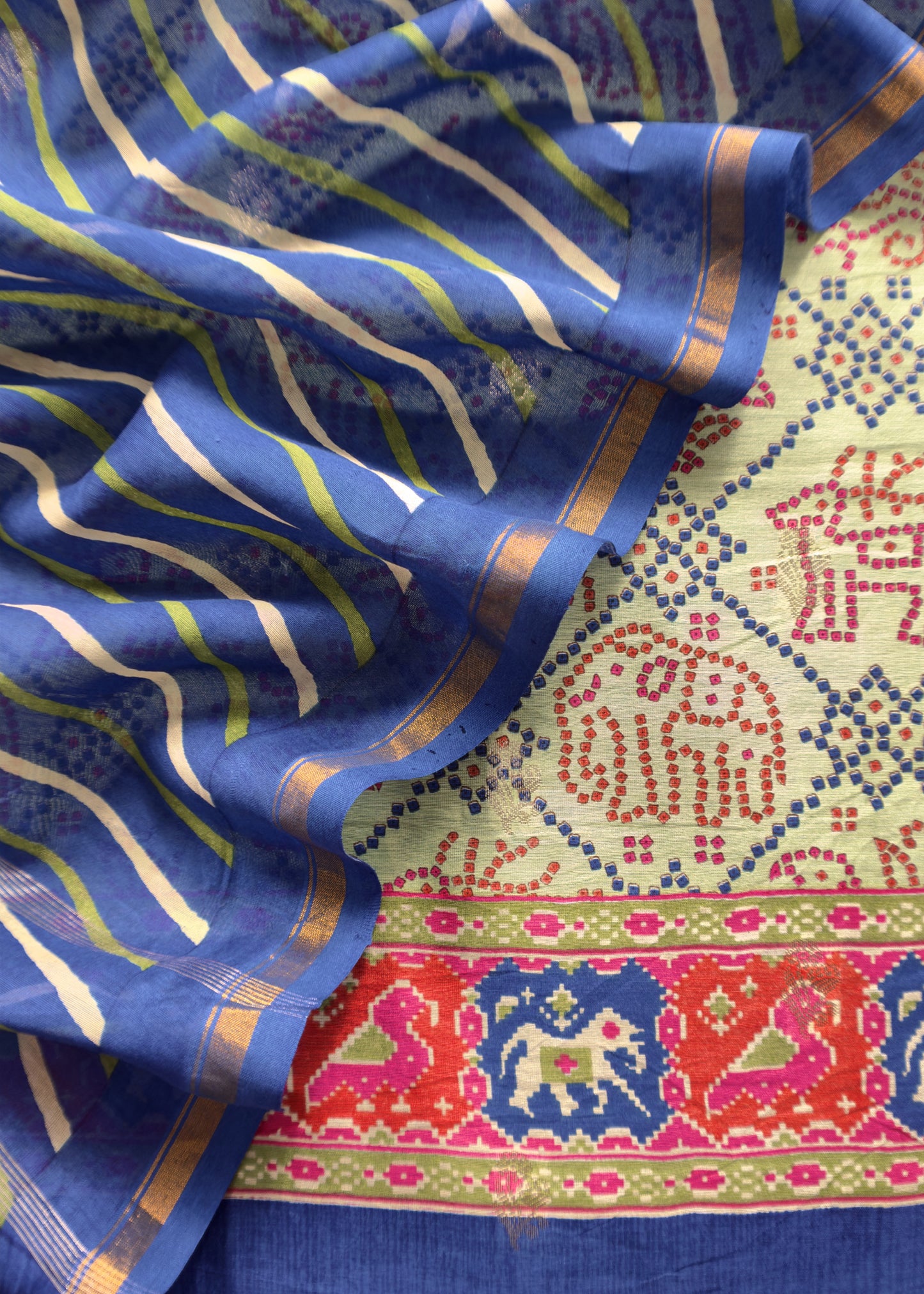 Mint And Blue Pure Maheshwari Silk Patola Kurta And Leheriya Dupatta With Banarasi Bootis