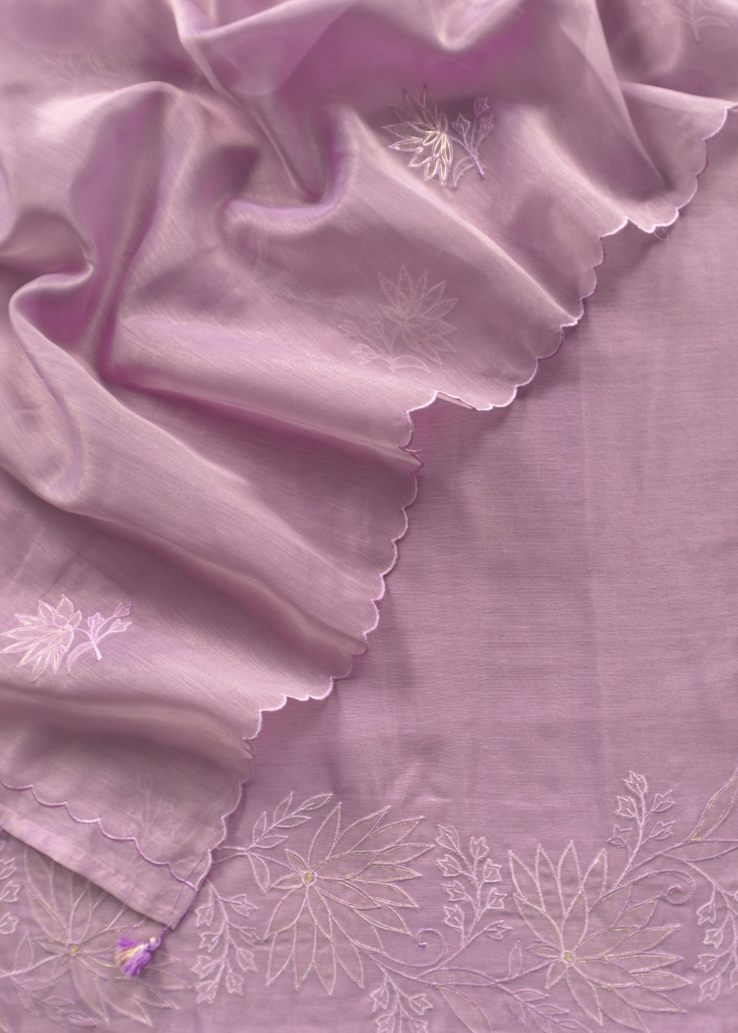 Pastel Purple Unstitched Suit with Applique Work In Linen Tissue