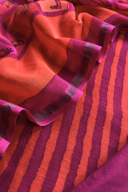 Orange and Red Pure Maheshwari Silk suit With Hand-block Print Dupatta