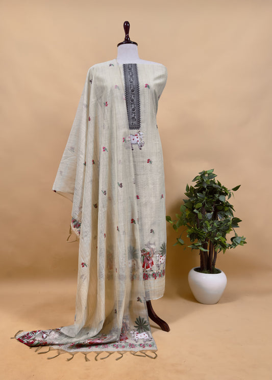 Beige Pichwai Jute Linen Suit Fabric With Shaded Jamdani Weaving