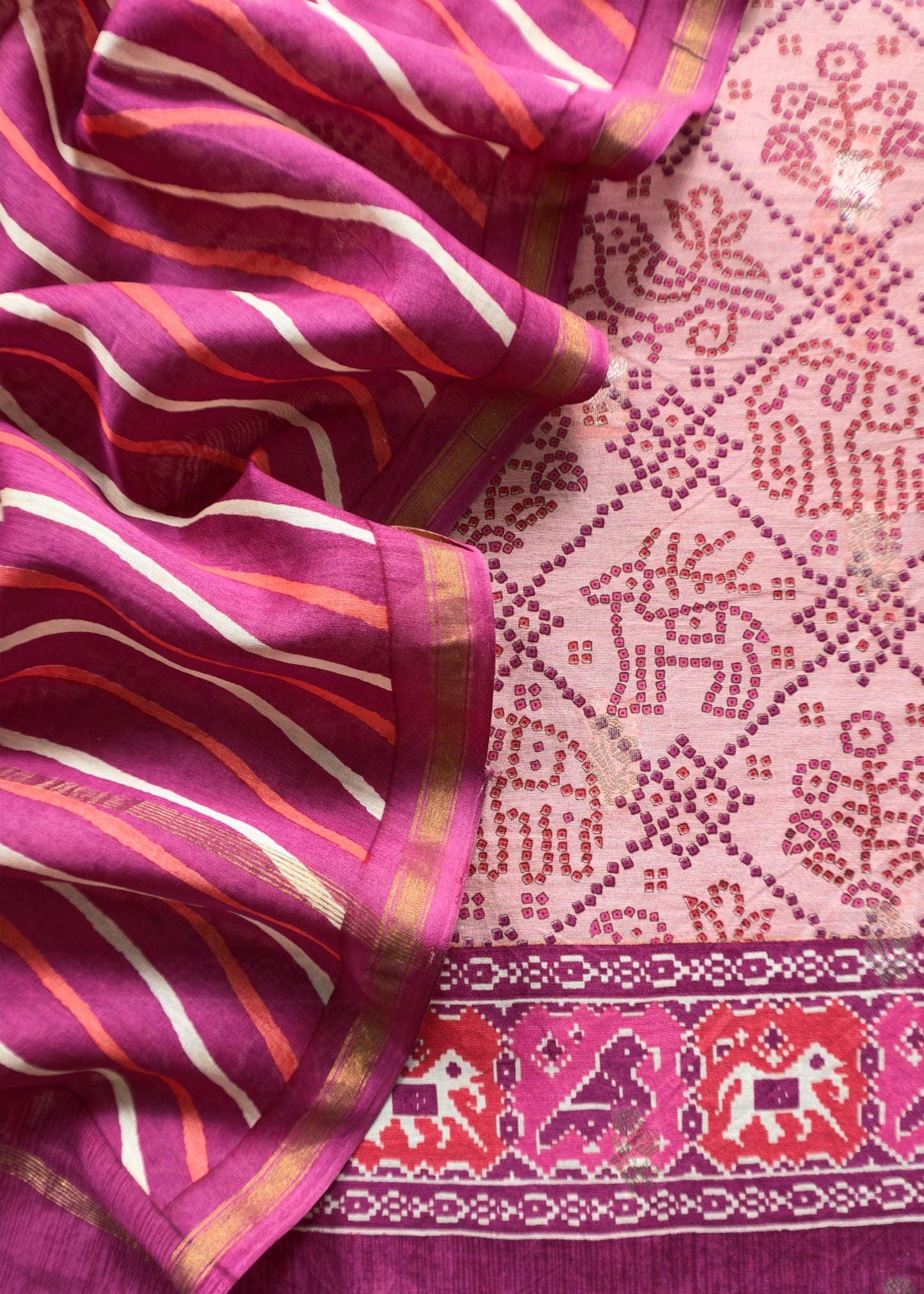Peach And Wine Pure Maheshwari Silk Patola Kurta And Leheriya Dupatta With Banarasi Bootis