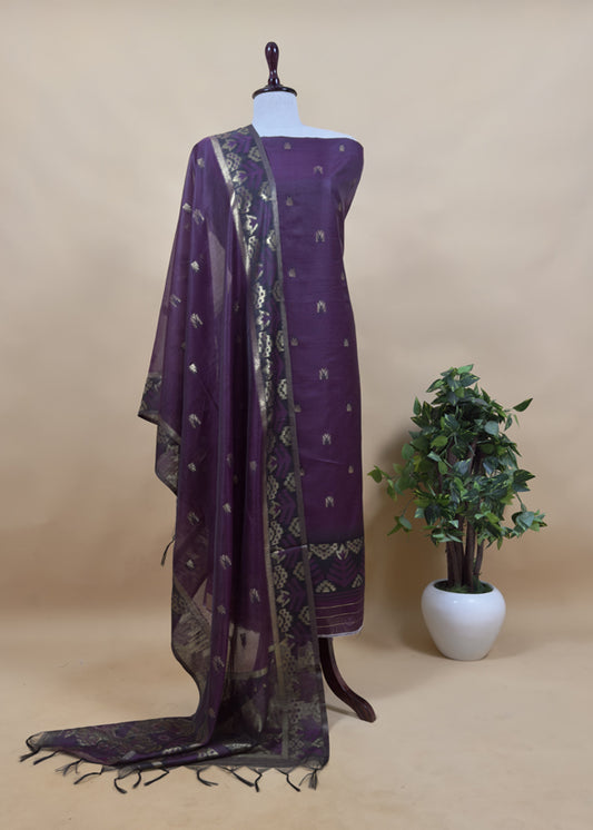 Saanjh Wine Chanderi Silk Suit Fabric With Jamdani Weaving