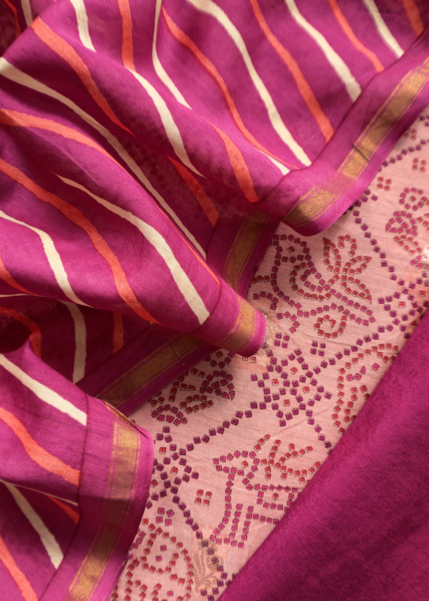 Peach And Wine Pure Maheshwari Silk Patola Kurta And Leheriya Dupatta With Banarasi Bootis