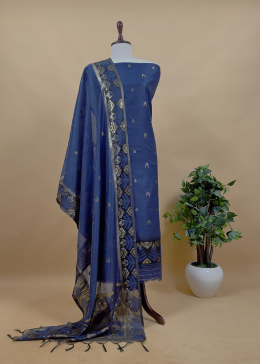 Saanjh Royal Blue Chanderi Silk Suit Fabric With Jamdani Weaving
