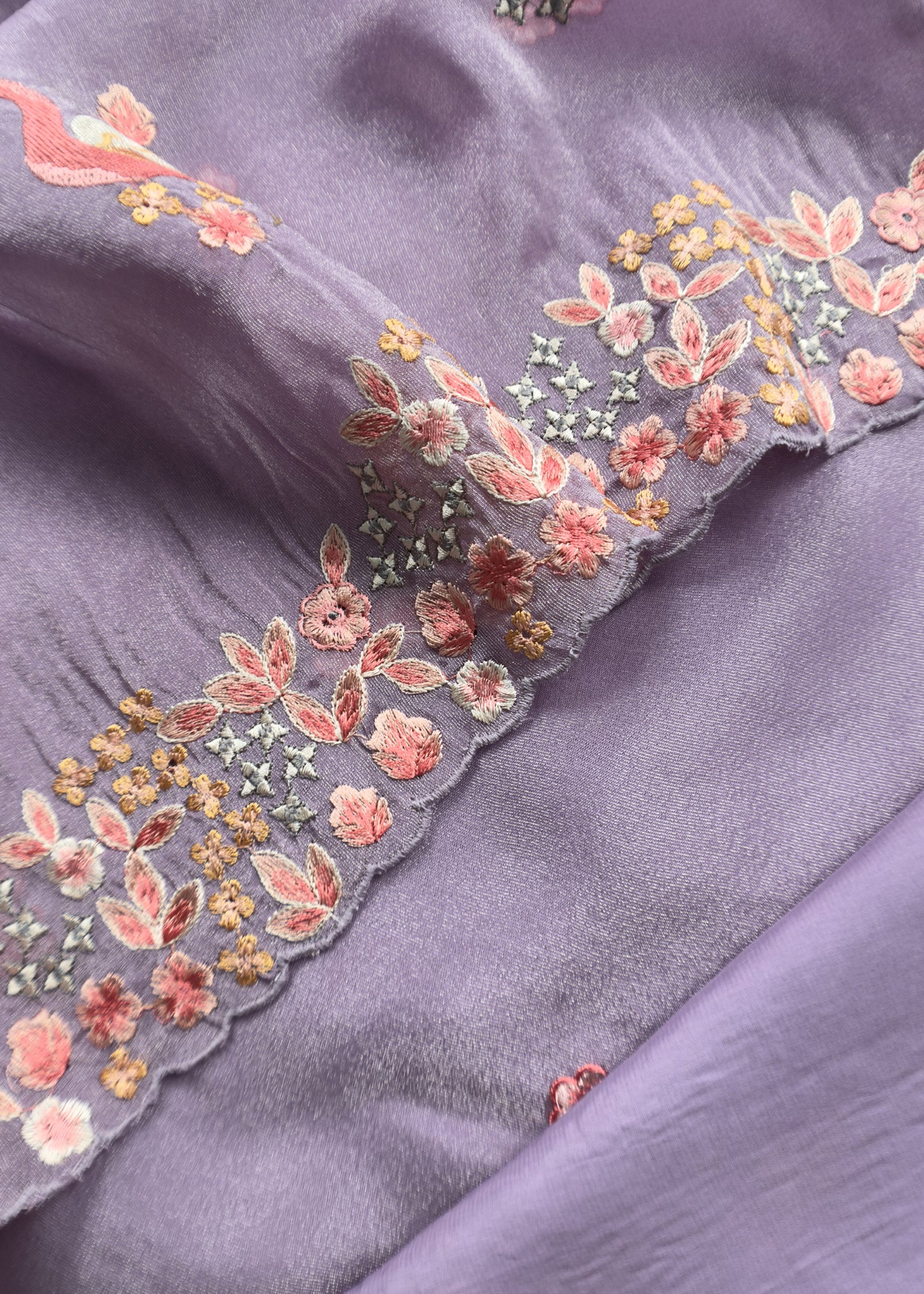 Mauve Flamingo Embroidered Unstitched Suit In Tissue Silk