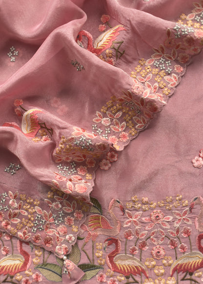 Pastel Pink Flamingo Embroidered Unstitched Suit In Tissue Silk