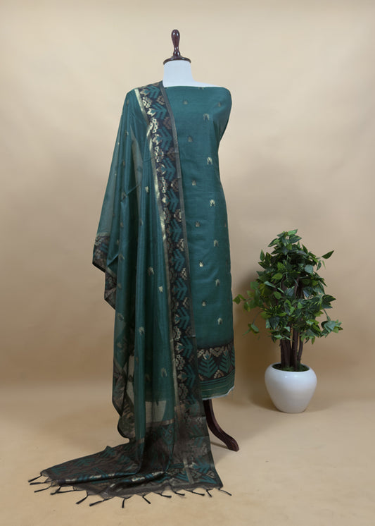Saanjh Emerald Green Chanderi Silk Suit Fabric With Jamdani Weaving
