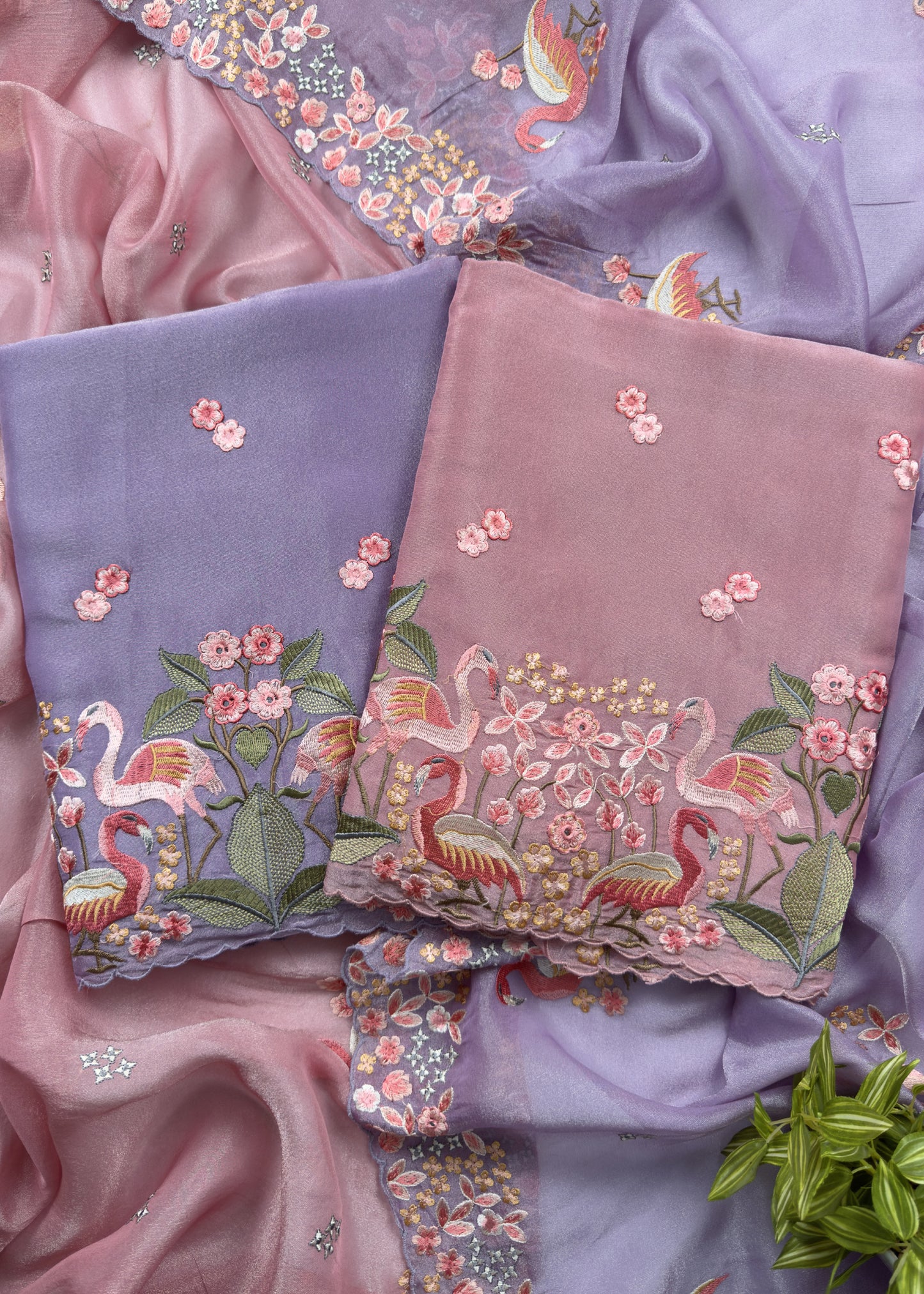 Mauve Flamingo Embroidered Unstitched Suit In Tissue Silk