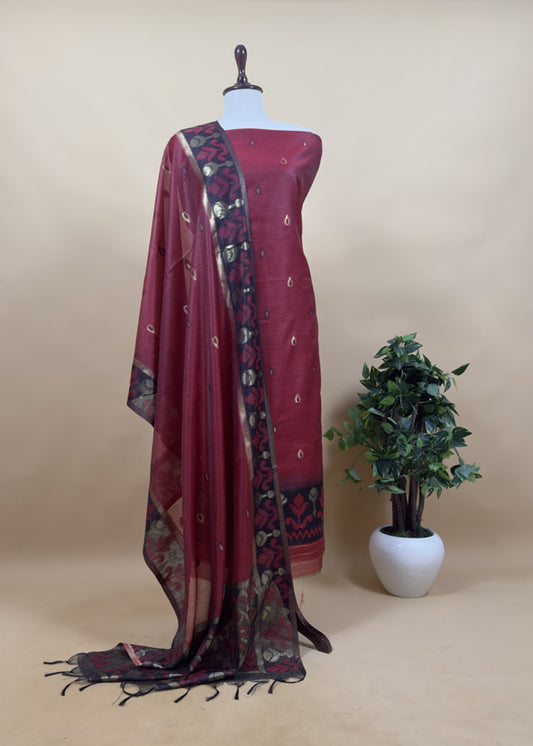 Saanjh Red Chanderi Silk Suit Fabric With Jamdani Weaving