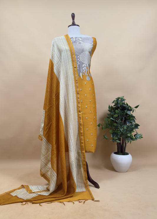 Mustard Modern Finelines Digital Print Handloom Soft Chanderi Silk Suit Fabric