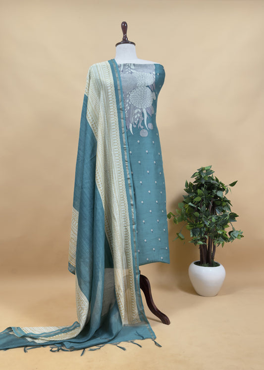 English Green Modern Finelines Digital Print Handloom Soft Chanderi Silk Suit Fabric