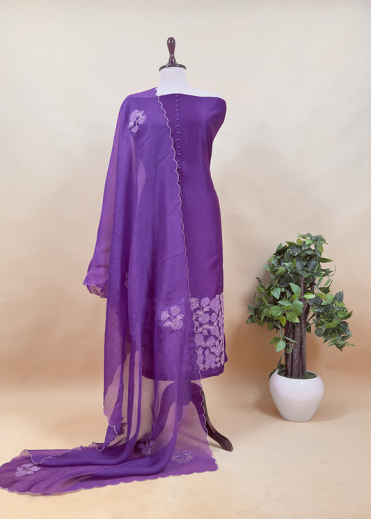 Royal Purple Handwoven Silk kurta And Kora Silk Dupatta With Pitta And Appliqué Work