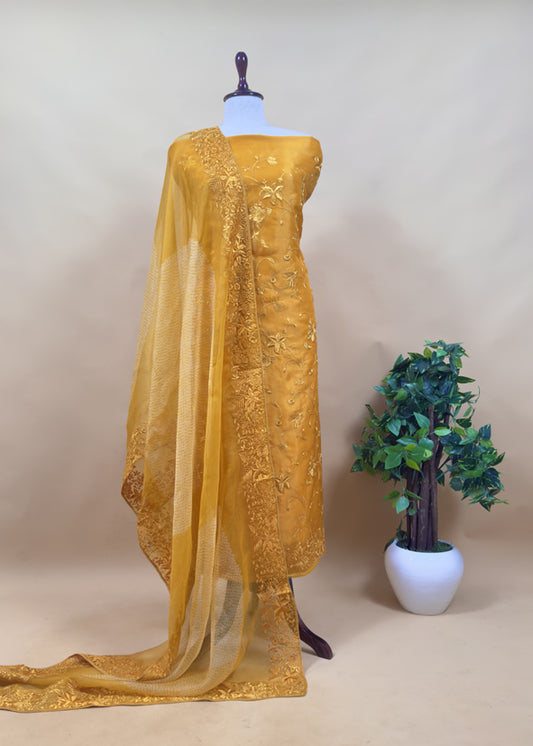 Yellow Embroidered Organza Silk Unstitched Suit With Bandhani Dupatta