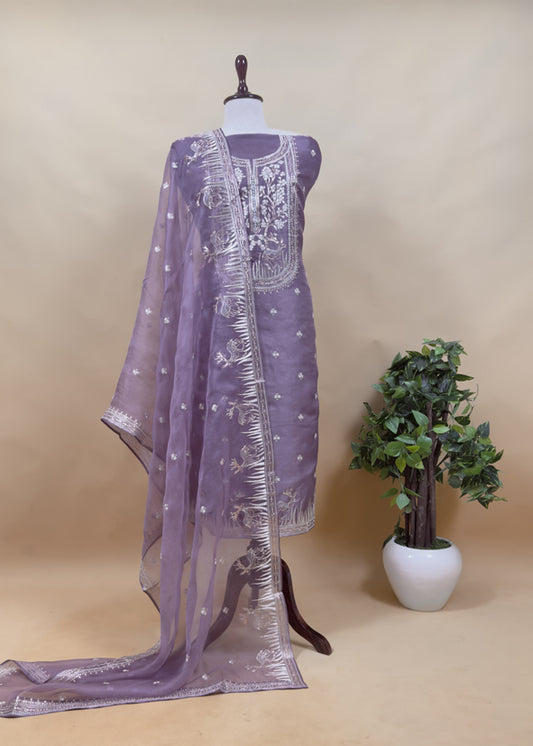 Luxe The Purple Pure Kora Silk Suit With Gold And Silver Pitta Handwork