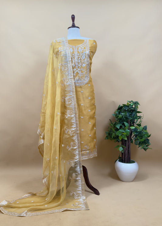 Luxe The Yellow Pure Kora Silk Suit With Gold And Silver Pitta Handwork