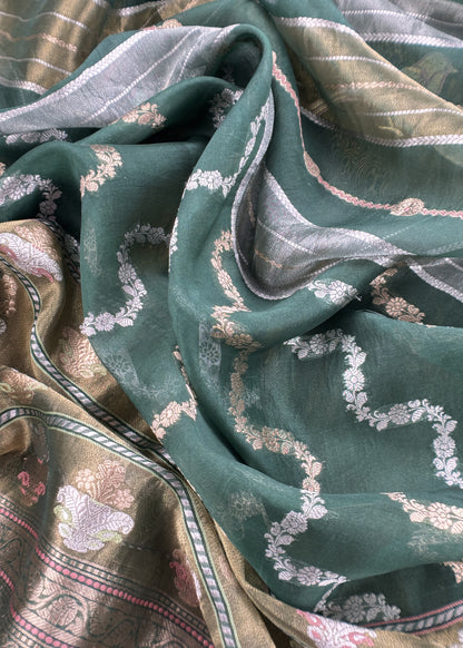 Luxe Gold Chidiya Green Handloom Tissue Silk Kurta And Kora Silk Dupatta With Kadwa Weaving