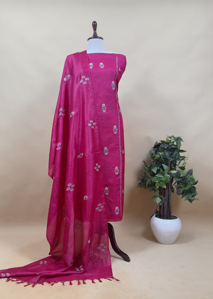 Sahiba 2025 Sangria Pink Pintuck Handloom Desi Tussar Suit With Zardosi And Resham Embroidery