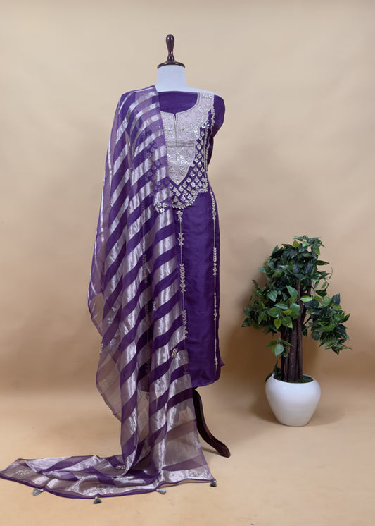 Luxe Purple Organza Silk Suit Fabric And Zari Panel Dupatta With Dori And Gotapatti Handwork