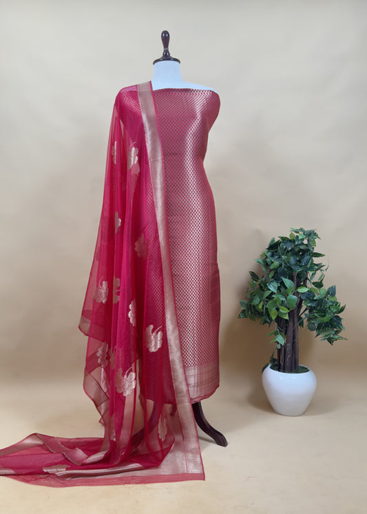 Pink Brocade Kurta With Organza Dupatta