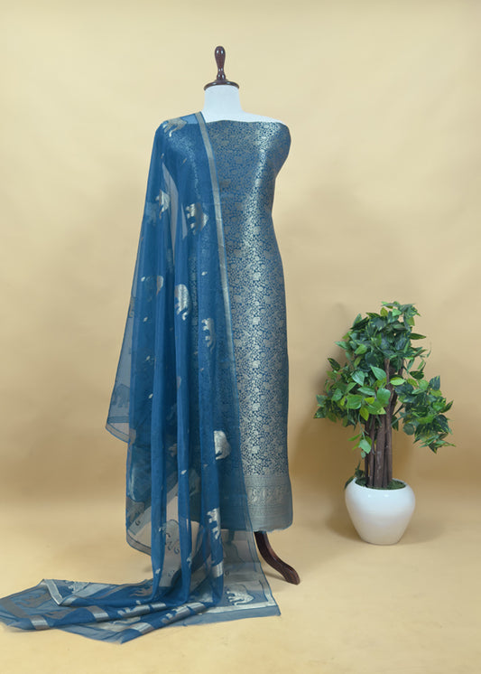 Royal Blue Brocade Kurta With Organza Dupatta