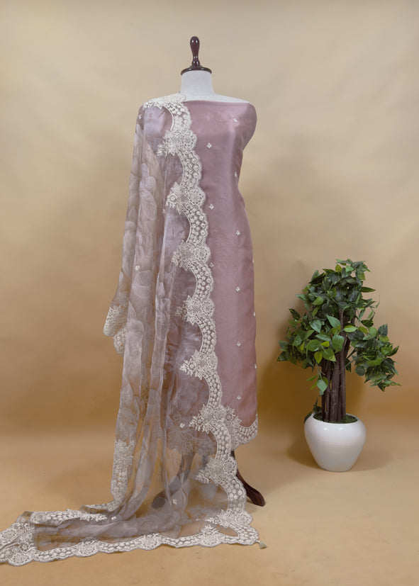 Luxe Dusky Blush Pink Pure Kora Silk Suit With Brushprint And French Thread Embroidery